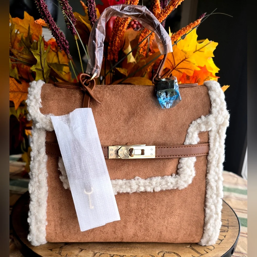 Badgley Mischka Vegan Leather Suede And Shearling Top Handle Cross Body Bag NWT - Picture 2 of 10